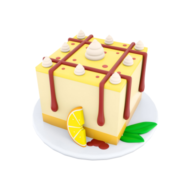 Krema, çikolata yağmuru ve tabakta limon dilimi olan kare bir pasta içeren renkli, stilize edilmiş bir tatlı..