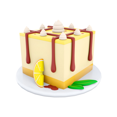 Kremalı, çikolatalı ve yanında bir dilim limonlu kare pastadan oluşan renkli bir tatlı..