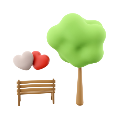 Yeşil bir ağaç, bir bank ve iki kalbi temsil eden, aşkı ve doğayı sembolize eden tuhaf bir sahne..