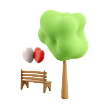 Tahta bir bankın yanında canlı bir ağaç ve doğayı ve aşkı sembolize eden iki renkli kalp..