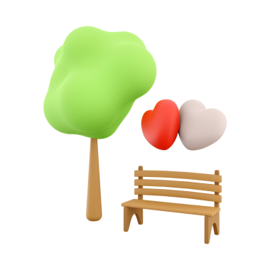 Yeşil bir ağaç, ahşap bir bank ve kalp şekilleri içeren renkli bir illüstrasyon, boş zaman ve doğa hissi uyandırıyor..