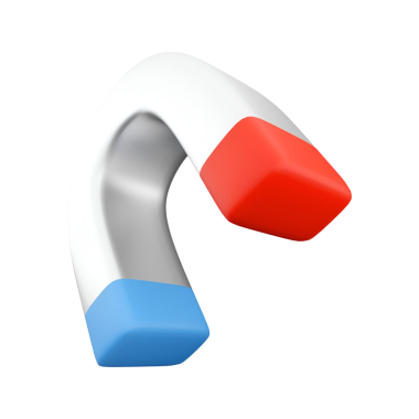 Kırmızı ve mavi uçlu bir at nalı mıknatısının üç boyutlu bir çizimi, çekim ve manyetik kuvvetleri sembolize eder..