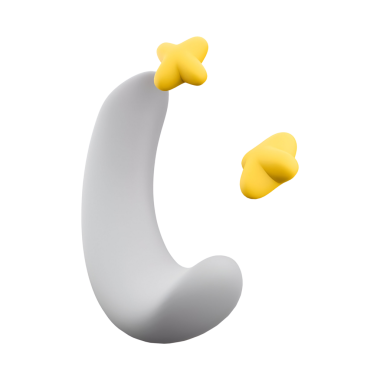 Minimalist bir 3D tasarım kıvrımlı beyaz şekilli, iki sarı yıldız aksanlı, oyuncu bir estetiği somutlaştıran.