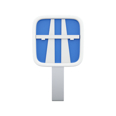 Mavi arkaplan ve berraklık için beyaz sembollerle tasarlanmış, ileride bir otoyol veya otoyolu gösteren bir tabela..