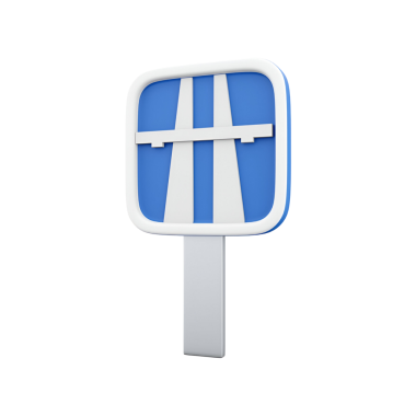 Otoyol ya da otoyolu gösteren bir tabela, mavi arka plan ve şeritleri temsil eden beyaz çizgiler ile tasarlanmış..