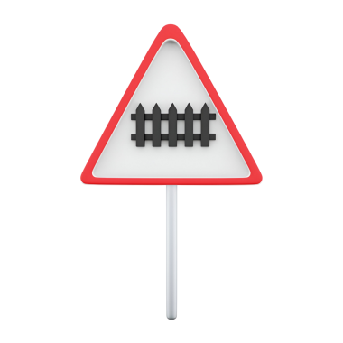 Demiryolu geçişini gösteren üçgen bir uyarı işareti, siyah çit benzeri parmaklıkları olan beyaz bir arka plan..