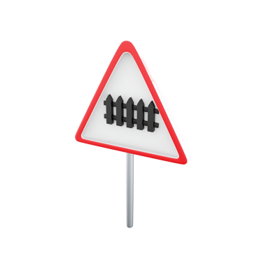 Demiryolu geçişini gösteren bir uyarı işareti. Üzerinde siyah çit sembolü olan üçgen bir şekil..