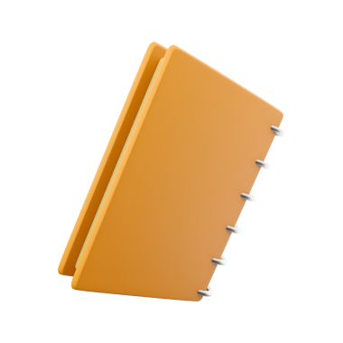 Metal halkalı kapalı bir turuncu klasör, genellikle belge veya notları düzenlemek için kullanılır..