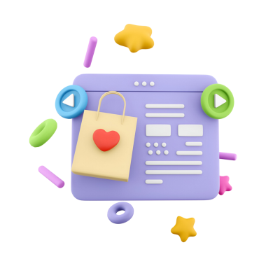 Bir alışveriş çantası ve arayüz elemanları ile çevrimiçi bir alışveriş deneyimi tasvir eden renkli bir 3D çizim.