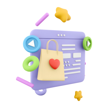 Çevrimiçi alışveriş ve kullanıcı arayüzü unsurlarını vurgulayan çantalı bir alışveriş arabasının renkli 3D çizimi.