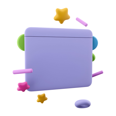 Mor dikdörtgen şekilli, çeşitli canlı geometrik şekillerle çevrili renkli, üç boyutlu bir resim..