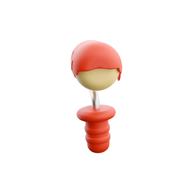 Basit bir tasarımı olan, muhtemelen oyuncak ya da dekoratif eşya olarak kullanılan biçimlendirilmiş kırmızı ve bej bir karakter figürü..