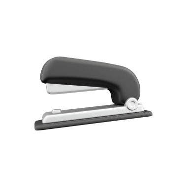 Siyah ve gümüş bir zımba, kağıtları birbirine tutturmak için kullanılır..