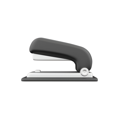 Beyaz bir tabanda siyah bir zımbanın yan görüntüsü, kağıt parçalarını birleştirmek için kullanılır..