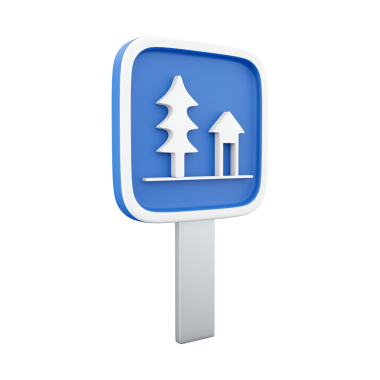 Bir ağaç ve bir ev simgesini gösteren mavi bir tabela, doğa ya da açık havayı gösteriyor..