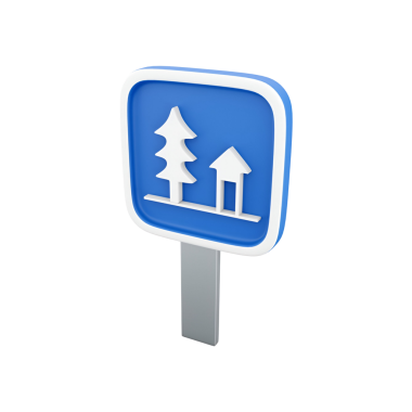 Bir ağaç ve ev simgesini gösteren mavi bir tabela, doğal ya da dinlenme alanını gösteriyor..