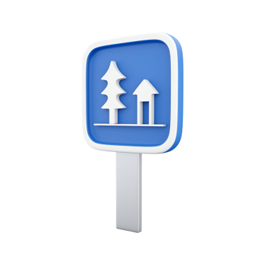 Şekillendirilmiş ağaçlar ve bir ev içeren mavi bir bilgilendirme işareti, doğa ya da park alanını gösteriyor..