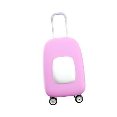 Beyaz panelli pembe bir valiz, seyahat için tasarlanmış, tekerlekler ve kolaylık için geri çekilebilir bir kol..
