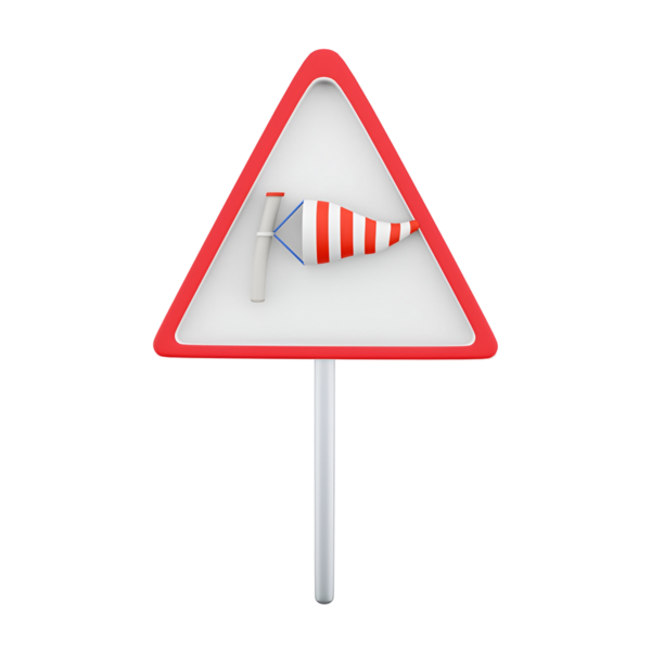 Güçlü rüzgarları gösteren üçgen bir uyarı işareti. Kırmızı ve beyaz çizgili bir rüzgar çorabı..