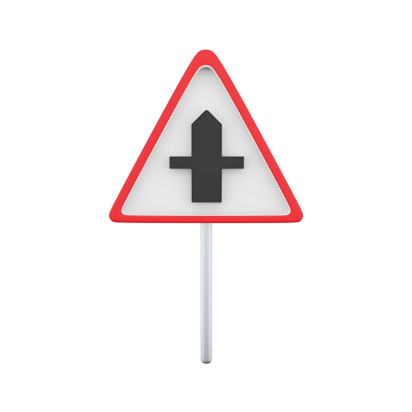 Kırmızı kenarlı beyaz arka planda siyah bir sembolün yer aldığı kesişme ya da kesişme noktasını gösteren üçgen bir yol işareti..