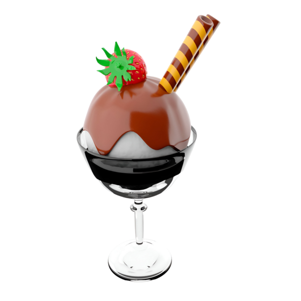 Üzerinde çilek ve çizgili gofret çubuğu olan çikolata kaplı bir dondurma kepçesi olan lezzetli bir tatlı..