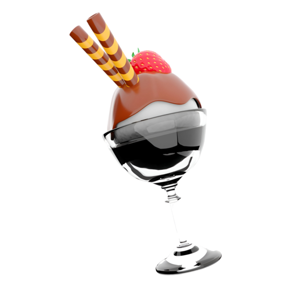 Üzerinde çilek ve çizgili gofret çubukları olan çikolatalı bir tatlı..