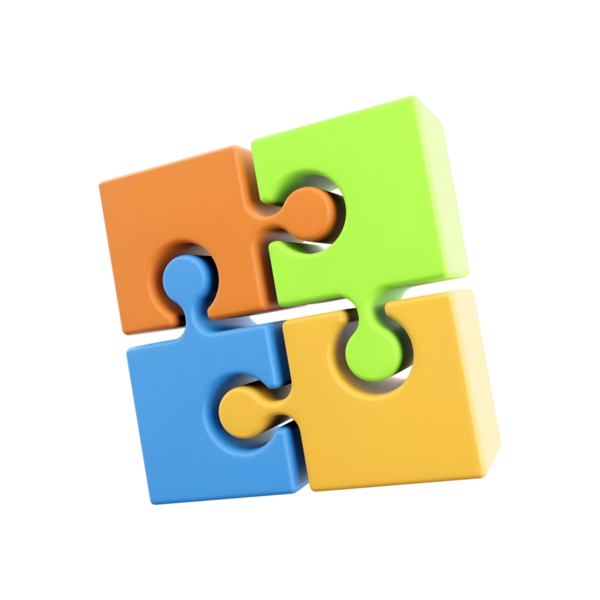 Problem çözmeyi ve işbirliğini sembolize eden renkli bir bulmaca parçası düzeneği.