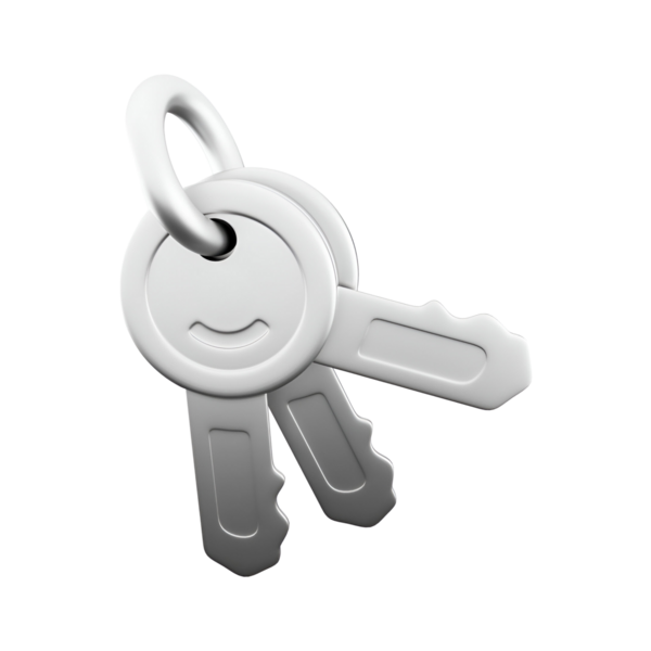 Bir anahtarlığa iliştirilmiş üç gümüş anahtarlık, güvenlik ve erişimi simgeliyor..