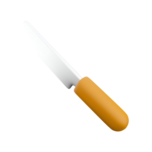 Paslanmaz çelik bir bıçak ve turuncu bir sapı olan basit bir mutfak bıçağı. Yiyeceği kesip hazırlamak için tasarlanmış..