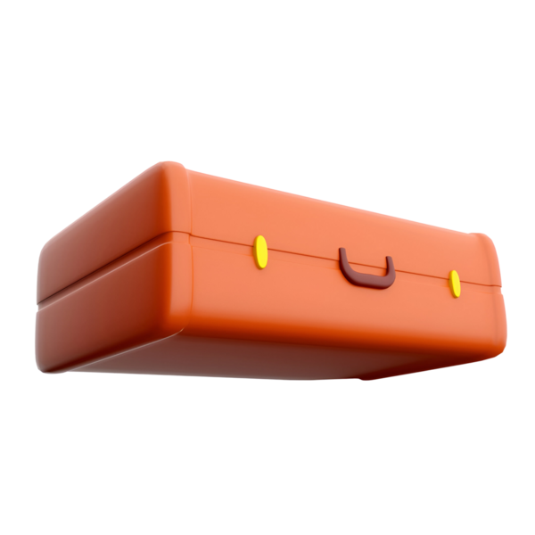 Kahverengi saplı, sarı tokalı turuncu bir bavul. Seyahat ve depolama amacıyla ideal..