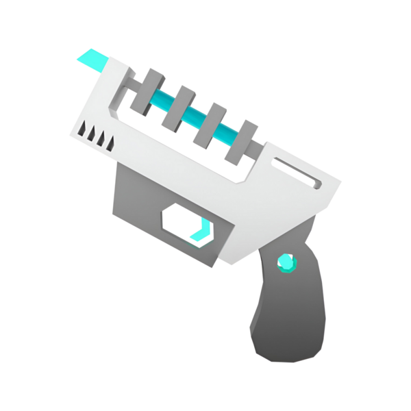 Fütürist, stilize bir silah tasarımı. Parlak çizgiler ve canlı bir renk aksanı var..