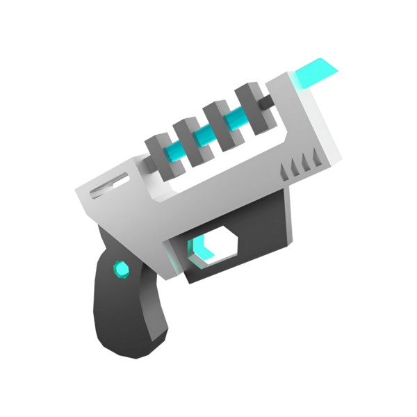 Zarif çizgiler ve canlı aksanlar içeren stilize bir gelecekçi silah tasarımı..