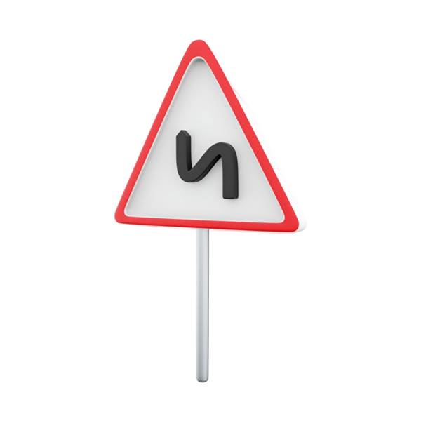 Sürücüler için keskin bir virajı gösteren üçgen bir trafik işareti.