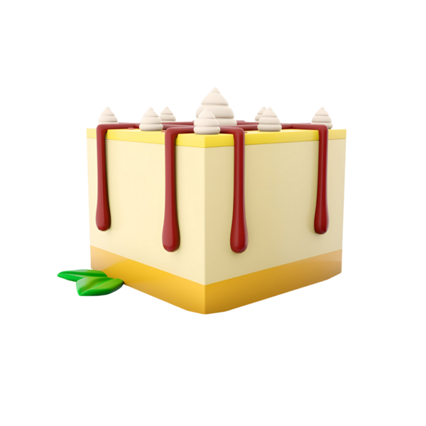 Krem şanti ve şurupla kaplı stilize edilmiş bir tatlı karesi, canlı ve oyuncu bir tasarım sergiliyor..