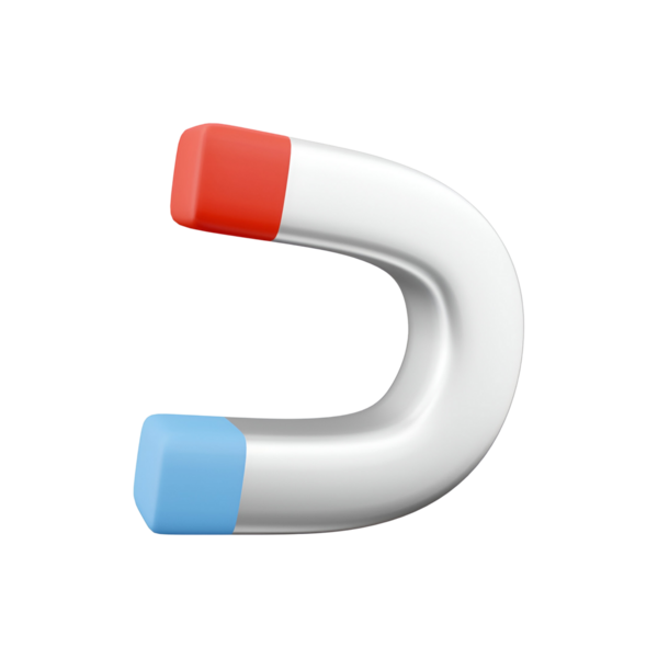 Bir ucu kırmızı, diğer ucu mavi, çekici ve manyetik alanları sembolize eden U şeklinde bir mıknatıs..