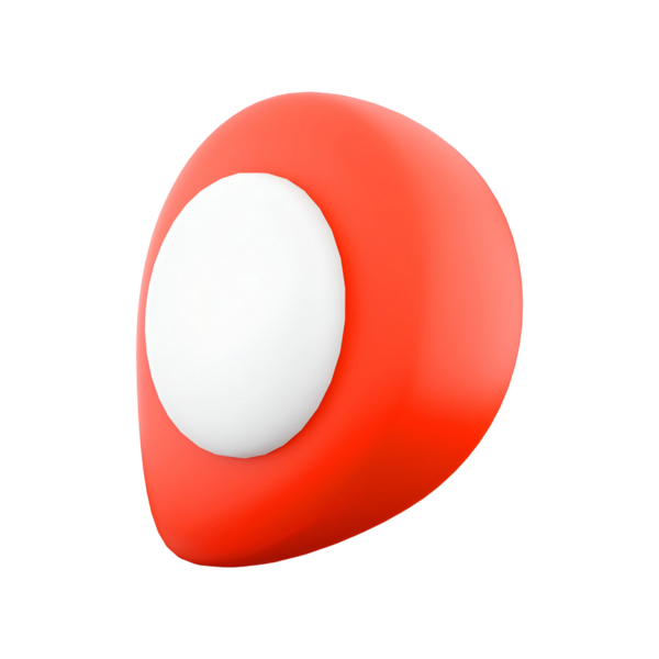 Bir düğmeye ya da oyun parçasına benzeyen basit, biçimlendirilmiş kırmızı ve beyaz bir nesne.
