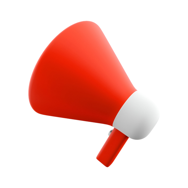 Beyaz tabanlı kırmızı bir megafon, sesi ve iletişimi çeşitli ayarlarda güçlendirmek için kullanılır..