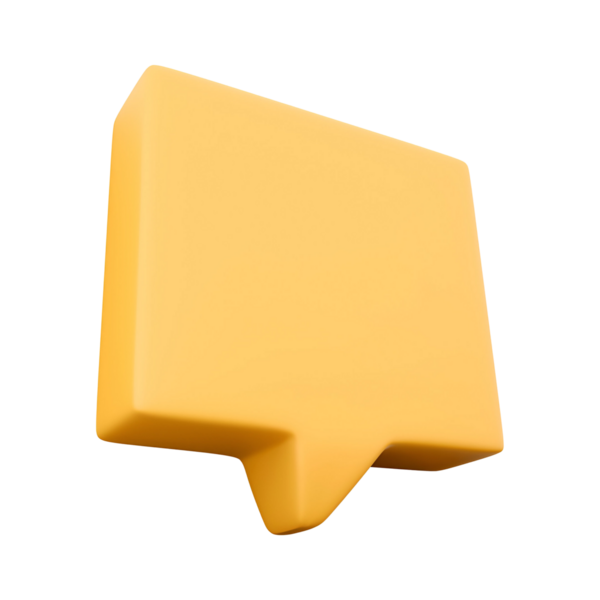 Dijital iletişimde diyalog veya yorumları temsil etmek için kullanılan basit, üç boyutlu bir sarı konuşma balonu ikonu.