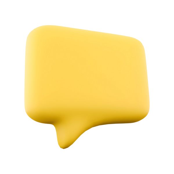 Dijital tasarımda iletişimi veya diyaloğu temsil etmek için kullanılan üç boyutlu sarı bir konuşma balonu simgesi.