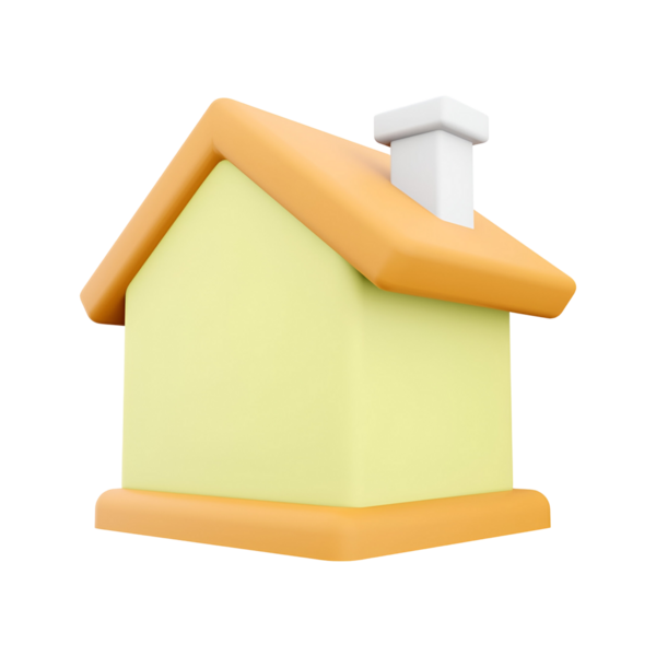 Evi ve barınağı temsil eden sarı gövdeli ve turuncu çatılı küçük bir evin üç boyutlu tasviri..
