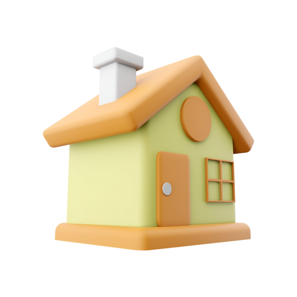 Baca, kapı ve penceresi olan, ev ve barınak kavramlarını temsil eden renkli bir üç boyutlu ev modeli..