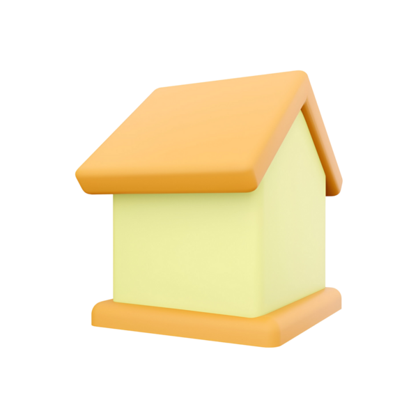 Sarı gövdeli, turuncu çatılı, evi ve barınağı temsil eden basit, stilize bir ev modeli..