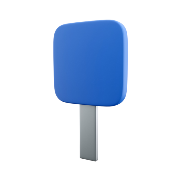 Metalik bir direği olan basit mavi dikdörtgen bir işaret, muhtemelen yön veya bilgi amaçlı kullanılır..