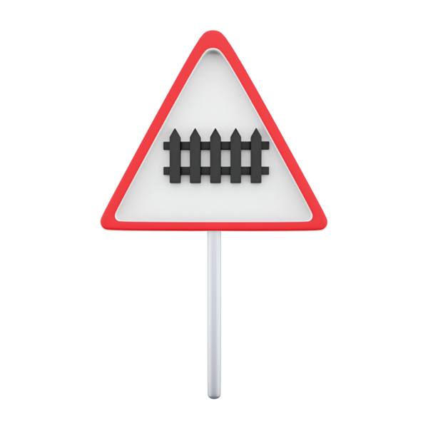 Demiryolu geçişini gösteren üçgen bir uyarı işareti, siyah çit benzeri parmaklıkları olan beyaz bir arka plan..