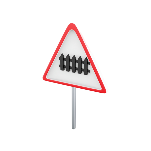 Demiryolu geçişini gösteren bir uyarı işareti. Üzerinde siyah çit sembolü olan üçgen bir şekil..