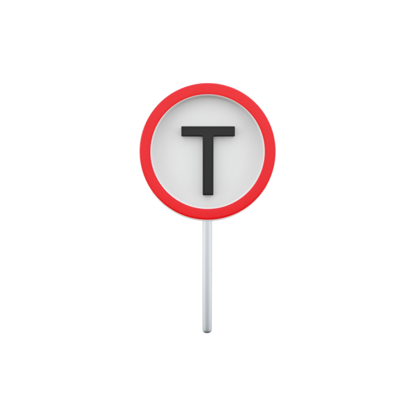 Merkezde kalın bir 'T' içeren dairesel bir trafik işareti, belirli bir trafik düzenlemesini veya yönünü gösterir.