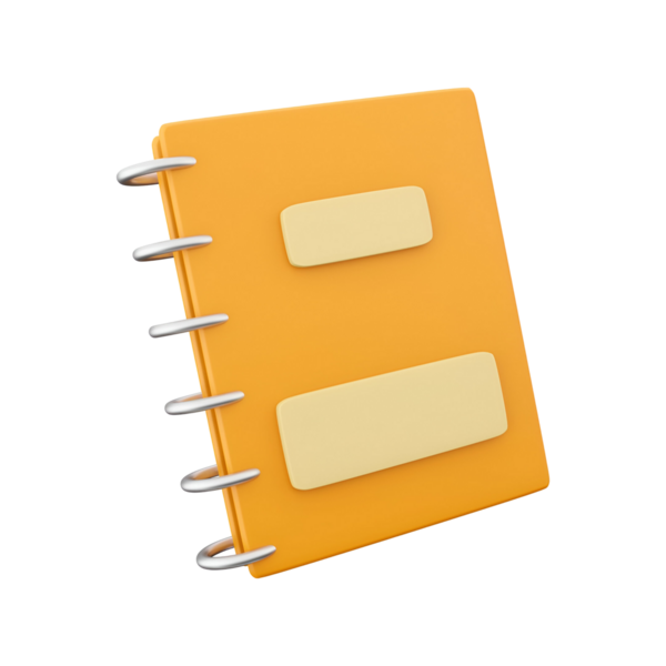 Sarmal bağlayıcı ve boş etiketli turuncu bir defter, not almak ya da günlük tutmak için ideal.