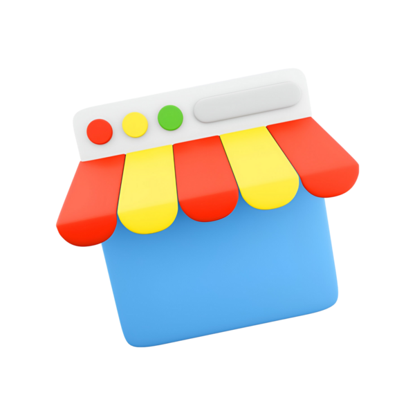 Çevrimiçi bir dükkan veya pazar yerini temsil eden renkli bir mağaza simgesi.