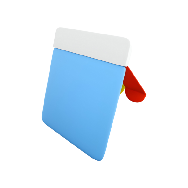 Not almak veya bilgi düzenlemek için tasarlanmış, beyaz üstlü ve kırmızı sekmeli stilize bir mavi not defteri.