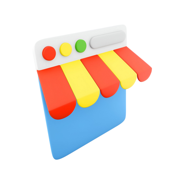 Çizgili tenteli bir mağaza önü tasarımı içeren renkli bir çevrimiçi mağaza simgesi.